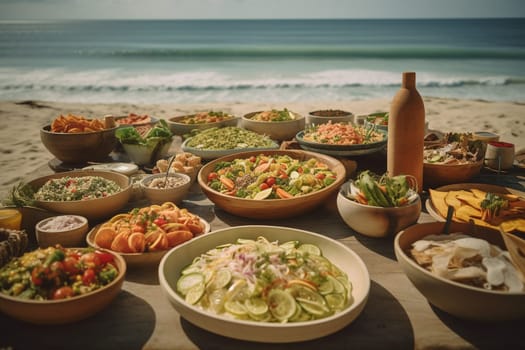 A healthy salad buffet on the beach (generative AI)