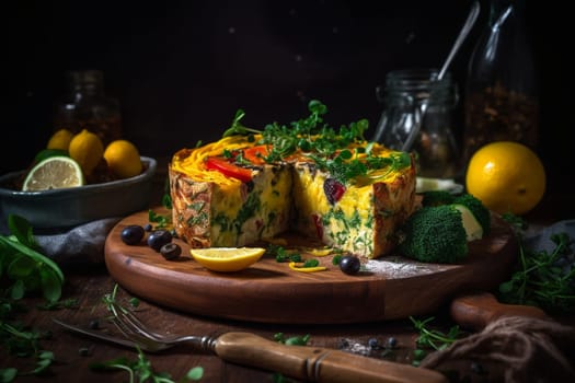 A nutritious and veggie-packed frittata with eggs, mushrooms, spinach, and bell peppers (generative AI)