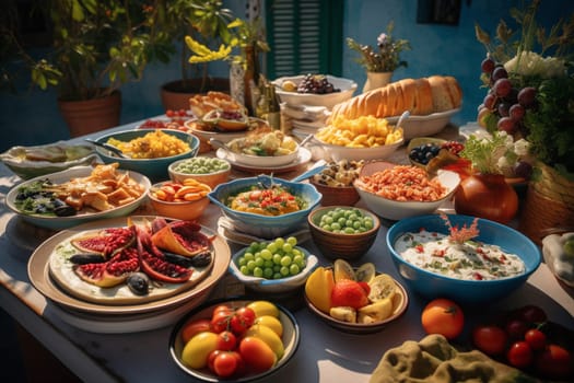 A Mediterranean buffet on a sunny terrace with sea views (generative AI)