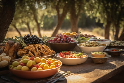Transport yourself to the sun-drenched coasts of the Mediterranean as you feast on fresh and flavorful delicacies amidst fragrant olive groves (generative AI)