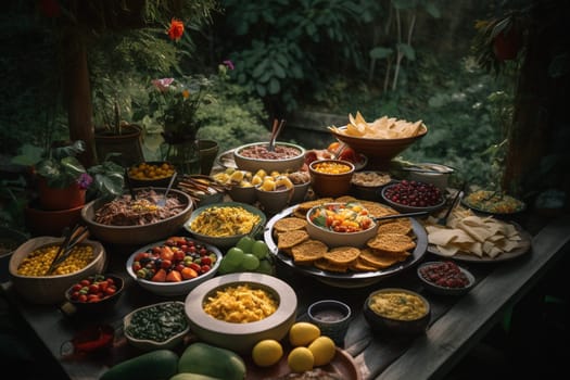 A Mexican buffet surrounded by colorful flowers and greenery (generative AI)