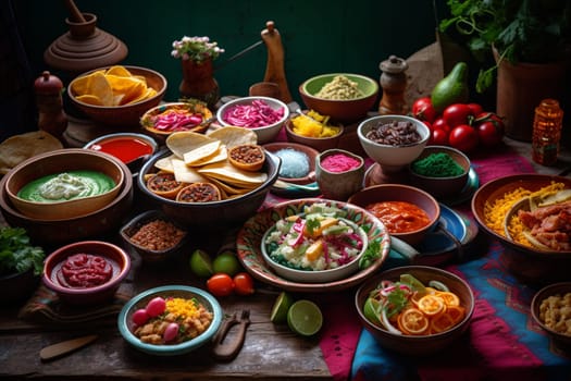Enjoy a savory Mexican buffet on a rooftop terrace with stunning views of the city skyline! (generative AI)