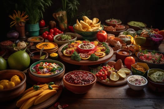 Enjoy a savory Mexican buffet on a rooftop terrace with stunning views of the city skyline! (generative AI)