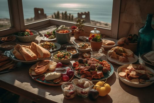 A Mediterranean spread of tapas on a breezy hilltop terrace (generative AI)
