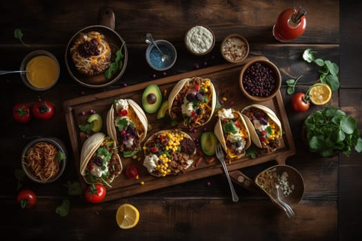 A fusion buffet of BBQ and tacos on a trendy rooftop bar (generative AI)
