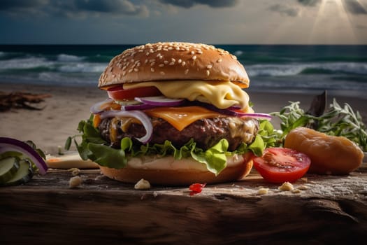 A thick, juicy burger, with melted cheese and crispy bacon, served on the beaches of Aruba. (generative AI)