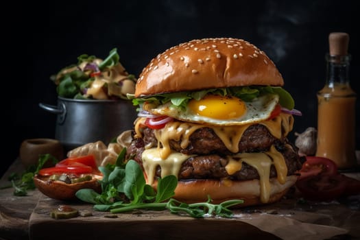 A mouth-watering burger grilled to perfection and topped with cheese, lettuce, tomato, and onion (generative AI)
