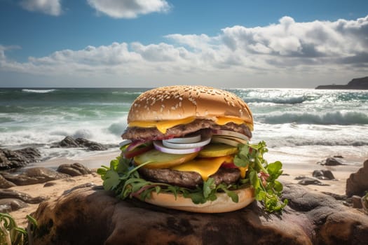 A thick, juicy burger, with melted cheese and crispy bacon, served on the beaches of Aruba. (generative AI)