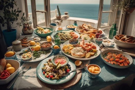 A Mediterranean buffet on a sunny terrace with sea views (generative AI)