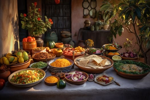 A Mexican buffet surrounded by colorful flowers and greenery (generative AI)