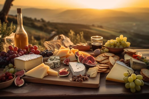 A luxurious cheese buffet in a hilltop vineyard (generative AI)