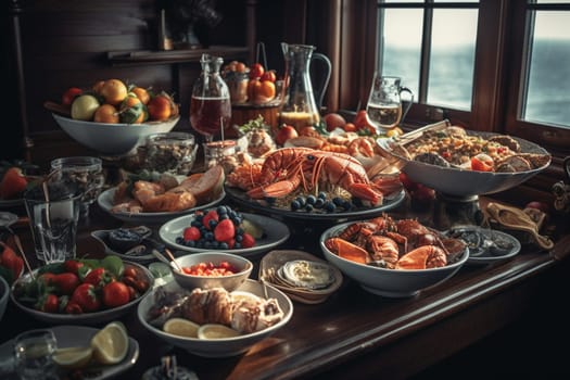 A luxurious seafood buffet on a yacht (generative AI)