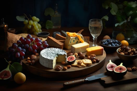 A luxurious cheese buffet in a hilltop vineyard (generative AI)