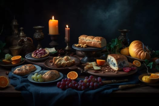A cozy fireplace and midnight snacks await! Come indulge at our midnight snack buffet. (generative AI)