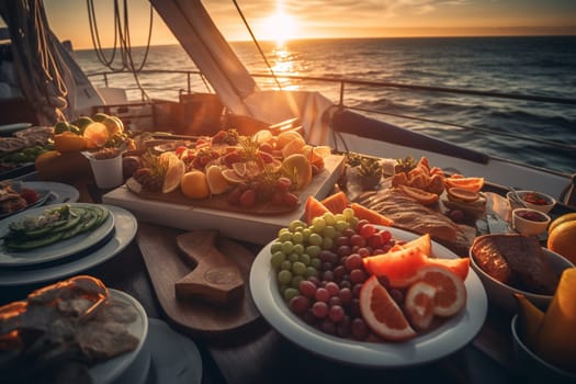 Indulge in a sumptuous seafood feast as you watch the sun set on a luxury yacht (generative AI)