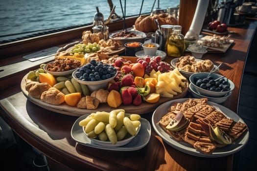 Explore the Mediterranean with an exquisite buffet onboard a luxurious boat cruise, with breathtaking views of the coast (generative AI)