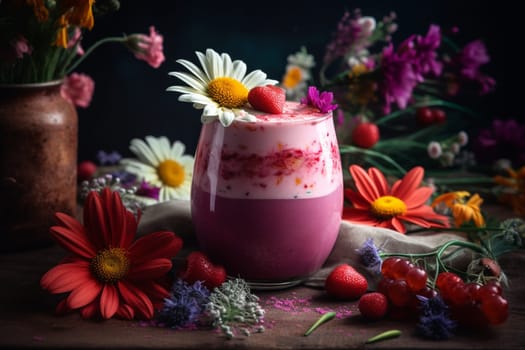 A revitalizing mix of fresh berries, spinach and yogurt, served in a vibrant flower field. (generative AI)