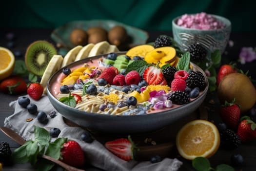 A refreshing smoothie bowl with tropical fruits (generative AI)