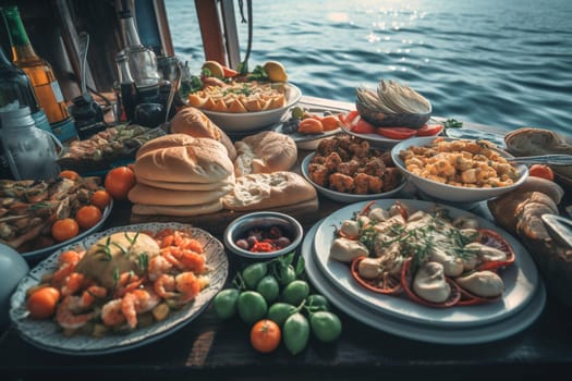 Explore the Mediterranean with an exquisite buffet onboard a luxurious boat cruise, with breathtaking views of the coast (generative AI)
