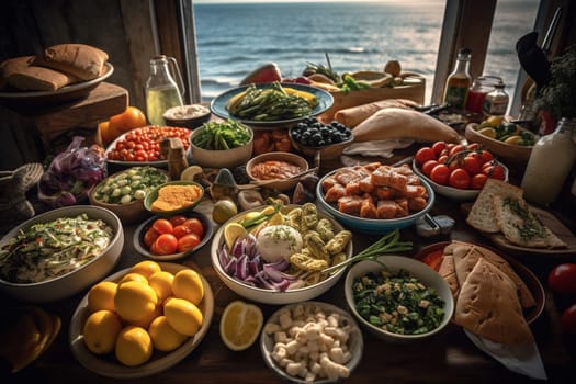A Mediterranean buffet in a seaside villa (generative AI)