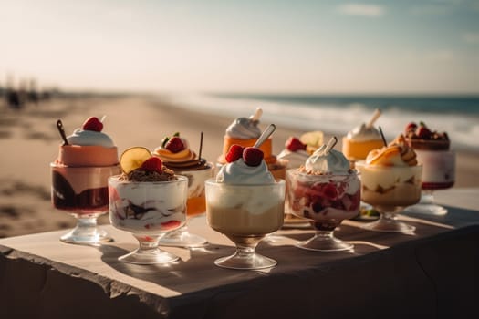 A refreshing ice cream buffet on a sunny beach (generative AI)