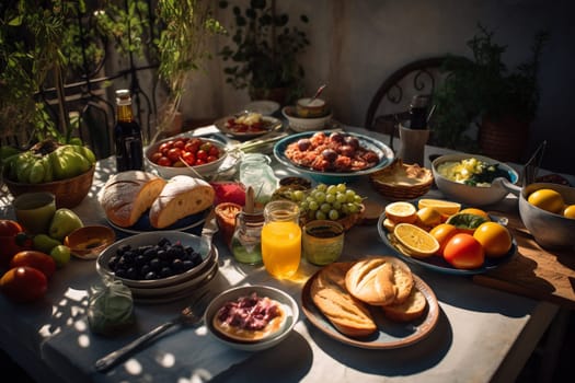 A Mediterranean buffet on a sunny terrace with sea views (generative AI)