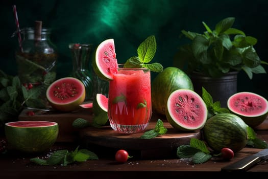 A cool and refreshing smoothie made with juicy watermelon and fresh mint leaves (generative AI)
