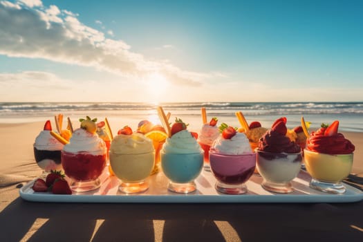 A refreshing ice cream buffet on a sunny beach (generative AI)