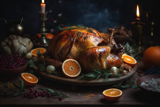 A perfectly roasted chicken, served with soft rolls and steaming gravy, amidst the snow-capped mountains. (generative AI)