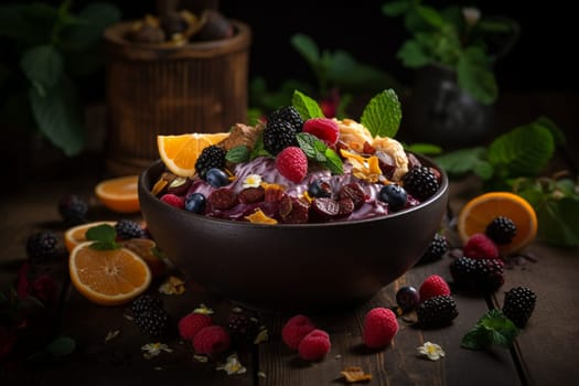 A tropical and refreshing açai bowl topped with fresh fruits and coconut flakes (generative AI)