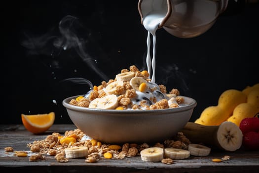 A simple bowl of cereal with milk and banana slices (generative AI)