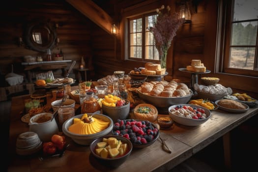 A rustic brunch buffet in a cozy cabin (generative AI)