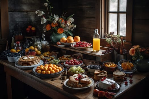 A rustic brunch buffet in a cozy cabin (generative AI)