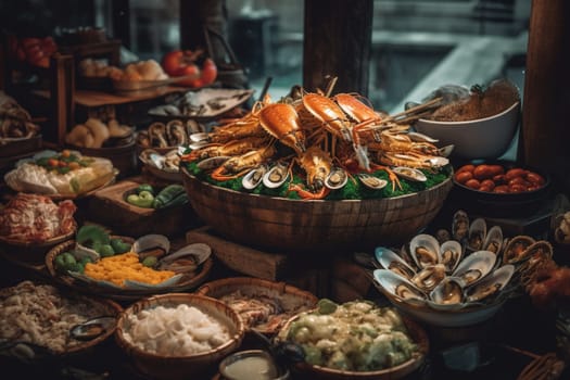 A lavish seafood buffet at a luxurious seaside resort (generative AI)