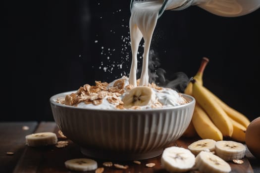 A simple bowl of cereal with milk and banana slices (generative AI)