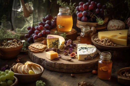 A rustic cheese board buffet at a vineyard (generative AI)
