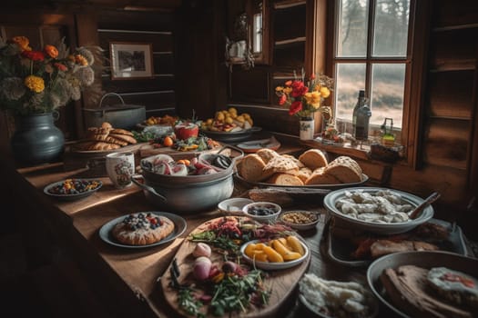 A rustic brunch buffet in a cozy cabin (generative AI)