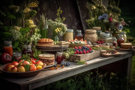 Delight in a country-style buffet, surrounded by wildflowers and fresh air in the charming meadow setting (generative AI)