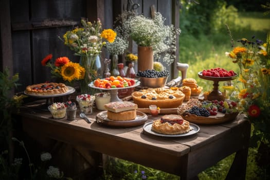 Delight in a country-style buffet, surrounded by wildflowers and fresh air in the charming meadow setting (generative AI)