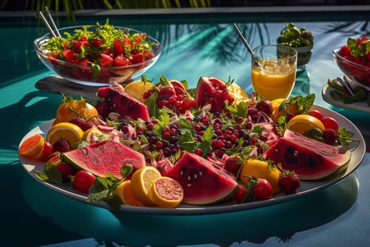 Refresh with crispy greens and veggies at a poolside salad bar (generative AI)