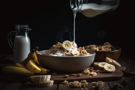 A simple bowl of cereal with milk and banana slices (generative AI)