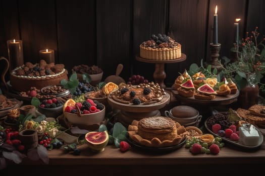 A rustic-style dessert buffet table at a wedding reception (generative AI)