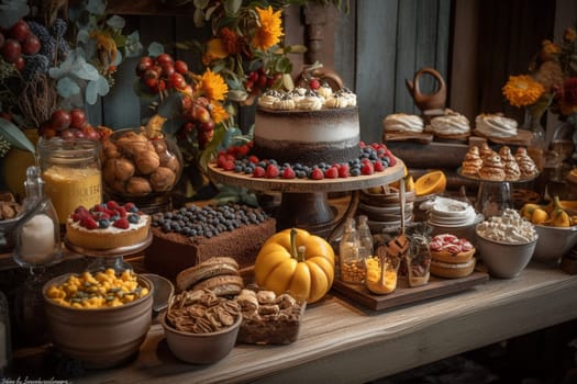 A rustic-style dessert buffet table at a wedding reception (generative AI)