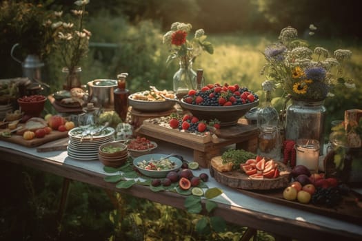 Delight in a country-style buffet, surrounded by wildflowers and fresh air in the charming meadow setting (generative AI)