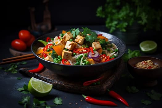 A flavorful vegetable stir fry made with crispy tofu and a tangy sauce (generative AI)