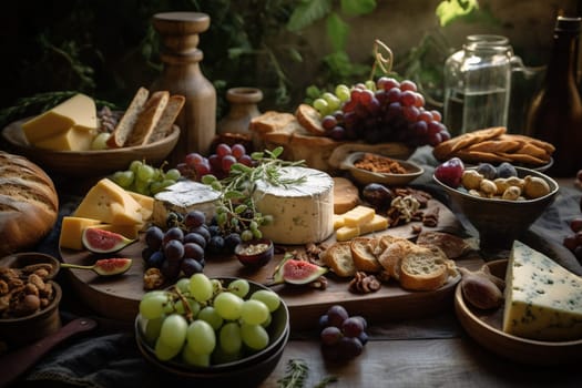 A rustic cheese board buffet at a vineyard (generative AI)