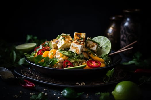 A flavorful vegetable stir fry made with crispy tofu and a tangy sauce (generative AI)