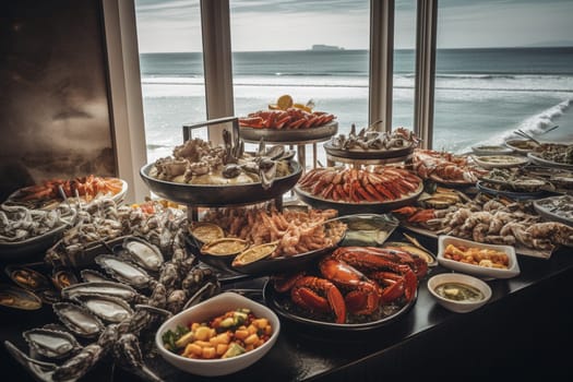 A seafood buffet at a seaside restaurant with ocean views (generative AI)