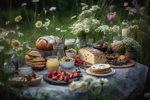 A picnic buffet in a meadow (generative AI)