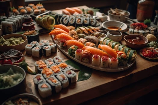 A sushi buffet on a rooftop terrace (generative AI)